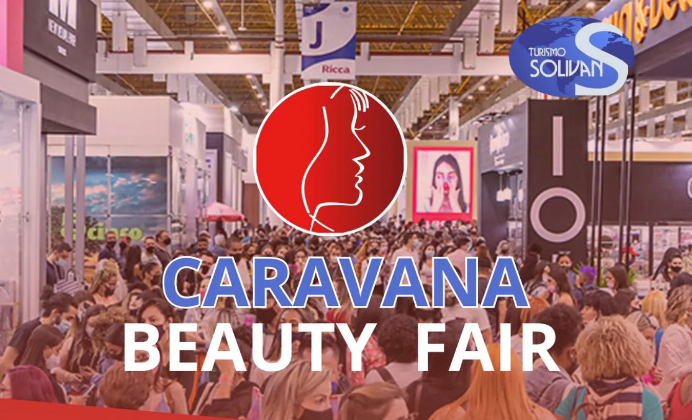 Arte da Caravana Beauty Fair, no Expo Center Norte, em São Paulo: multidão numa feira de beleza e o logotipo da Solivam Turismo.