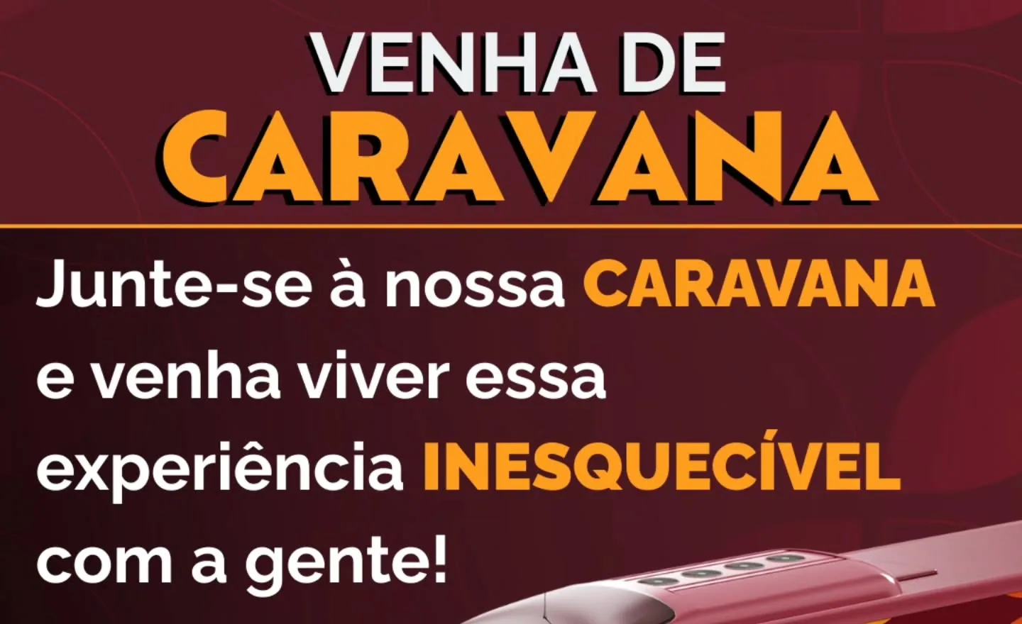 Arte de convite "Venha de caravana" para a Professional Fair, no Rio de Janeiro, com um ônibus.