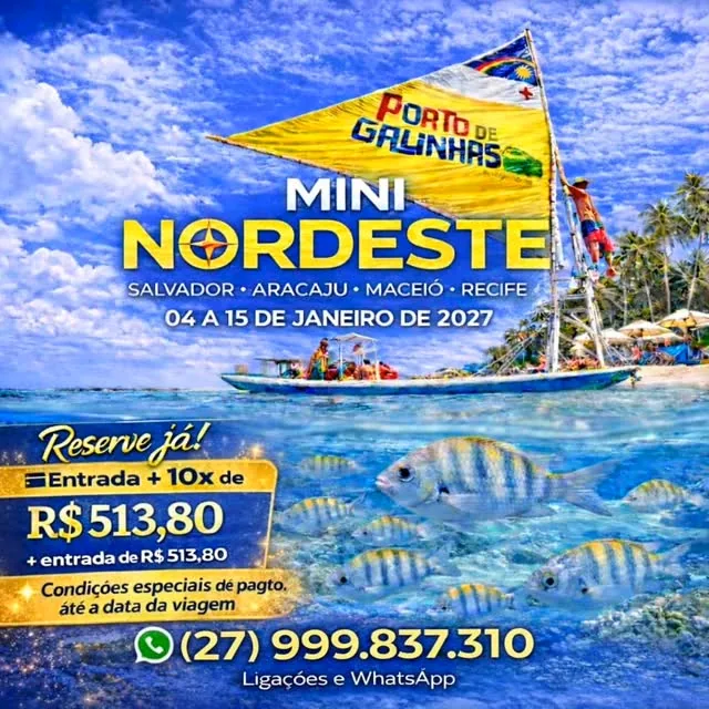 Cartaz do Mini Nordeste, de 4 a 15 de janeiro de 2027, com jangada e peixes em águas claras.