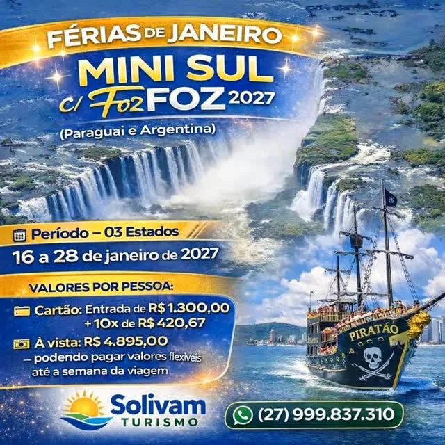 Cartaz do Mini Sul com Foz, de 16 a 28 de janeiro de 2027, com as Cataratas do Iguaçu e o barco pirata.