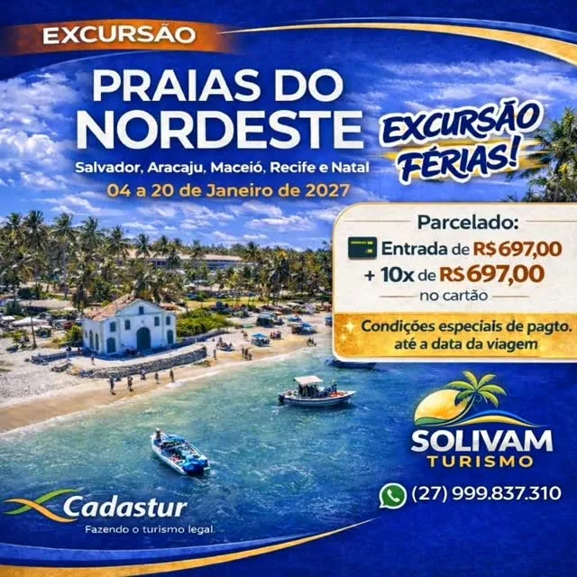 Cartaz da excursão Praias do Nordeste, de 4 a 20 de janeiro de 2027, com uma igrejinha na praia e barcos.
