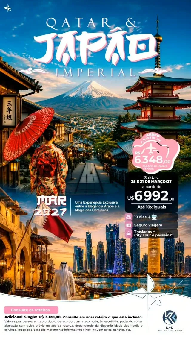 Cartaz do pacote aéreo Qatar e Japão Imperial, com saídas em 25 e 31 de março de 2027, monte Fuji e skyline de Doha.